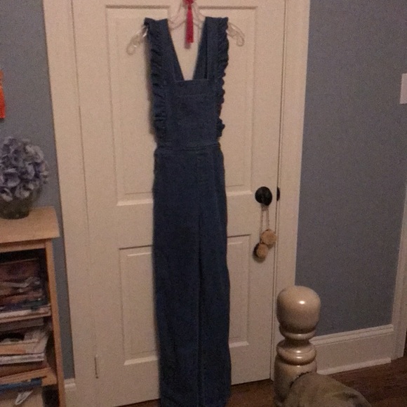 Sezane Rosario Ruffle Denim Overall Jumpsuit - Picture 7 of 8